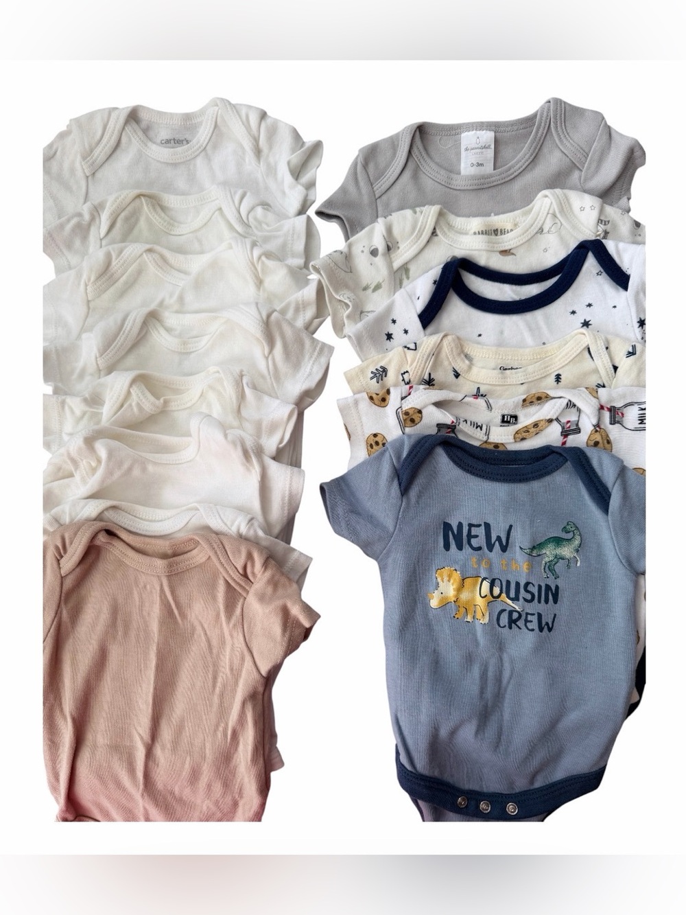 45 Pieces. Baby Onesie Bundle with Blue 'New to the Cousin Crew' Dino Bodysuit